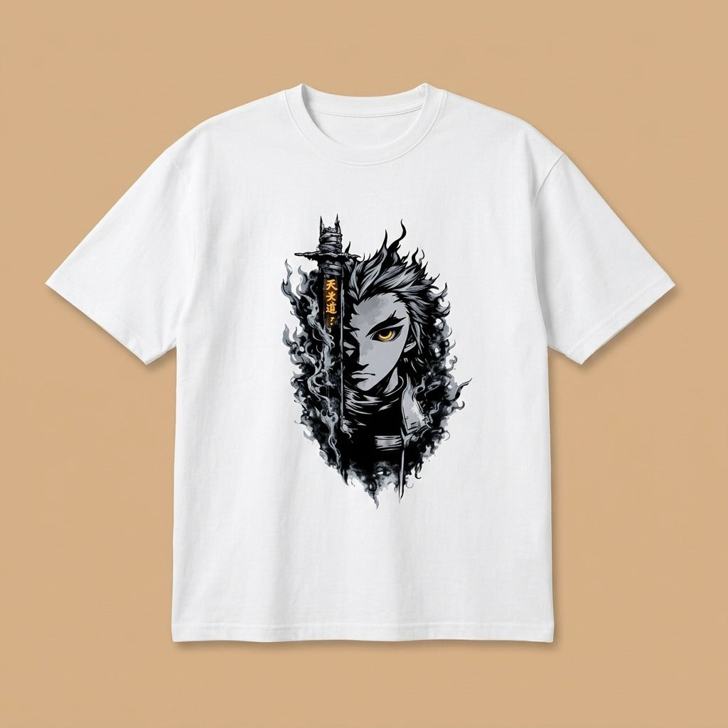 Fire Samurai Anime Warrior "Tenkadou" Kanji T-Shirt | Three Dot